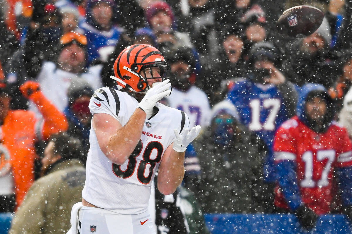 Cincinnati Bengals tight end Hayden Hurst (88) makes a touchdown catch against the Buffalo Bill ...