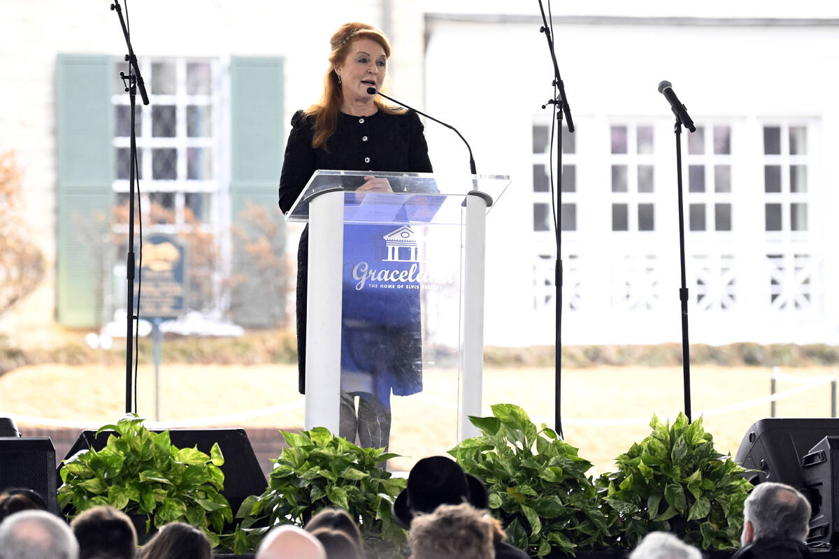 The Duchess of York Sarah Ferguson speaks during a memorial service for Lisa Marie Presley Sund ...