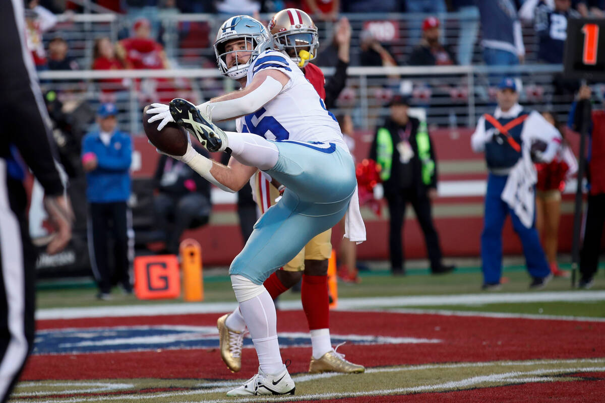 Dallas Cowboys tight end Dalton Schultz celebrates after scoring against the San Francisco 49er ...