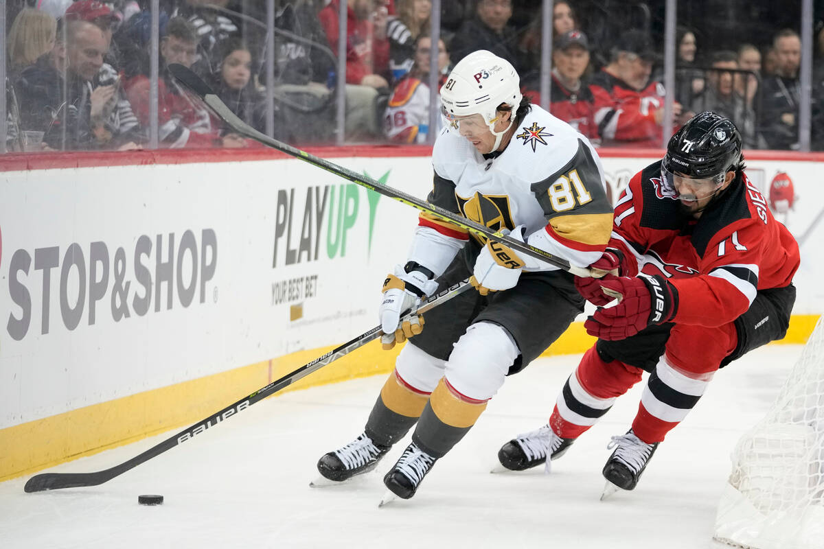 Vegas Golden Knights right wing Jonathan Marchessault (81) skates against New Jersey Devils def ...