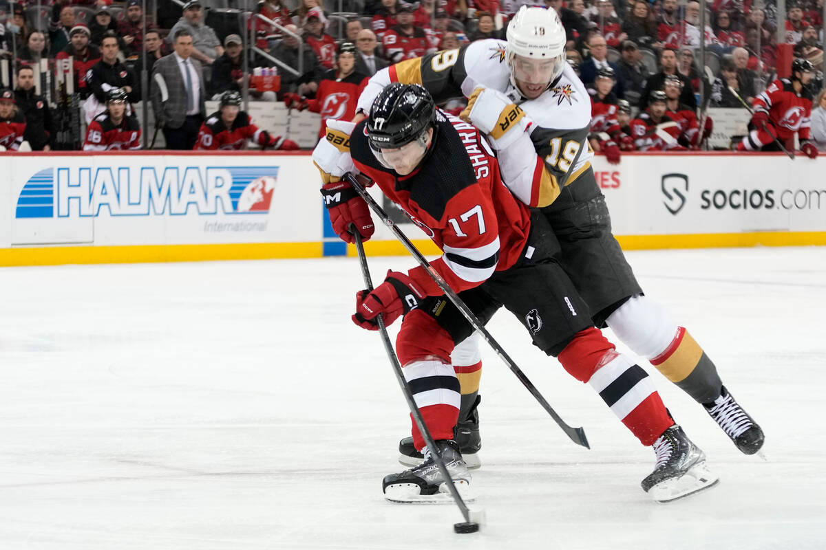 New Jersey Devils center Yegor Sharangovich (17) skates against Vegas Golden Knights right wing ...