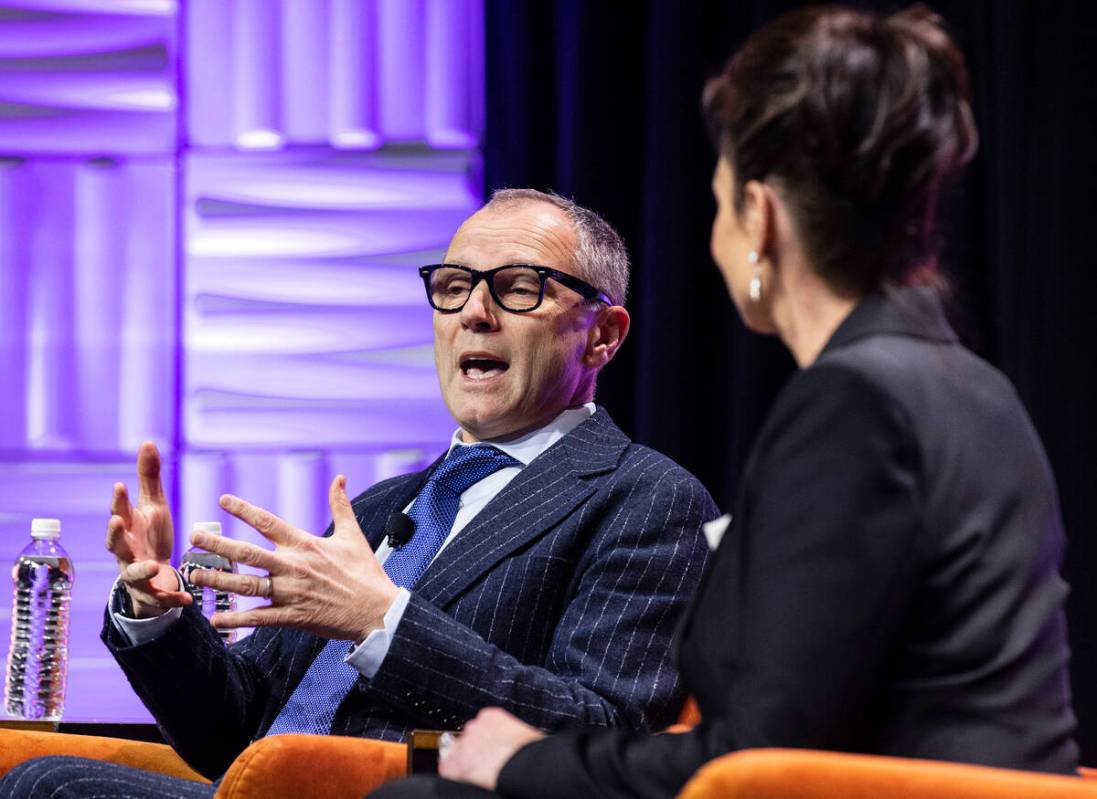 Stefano Domenicali, president and CEO of Formula One, speaks as Mary Beth Sewald, president and ...