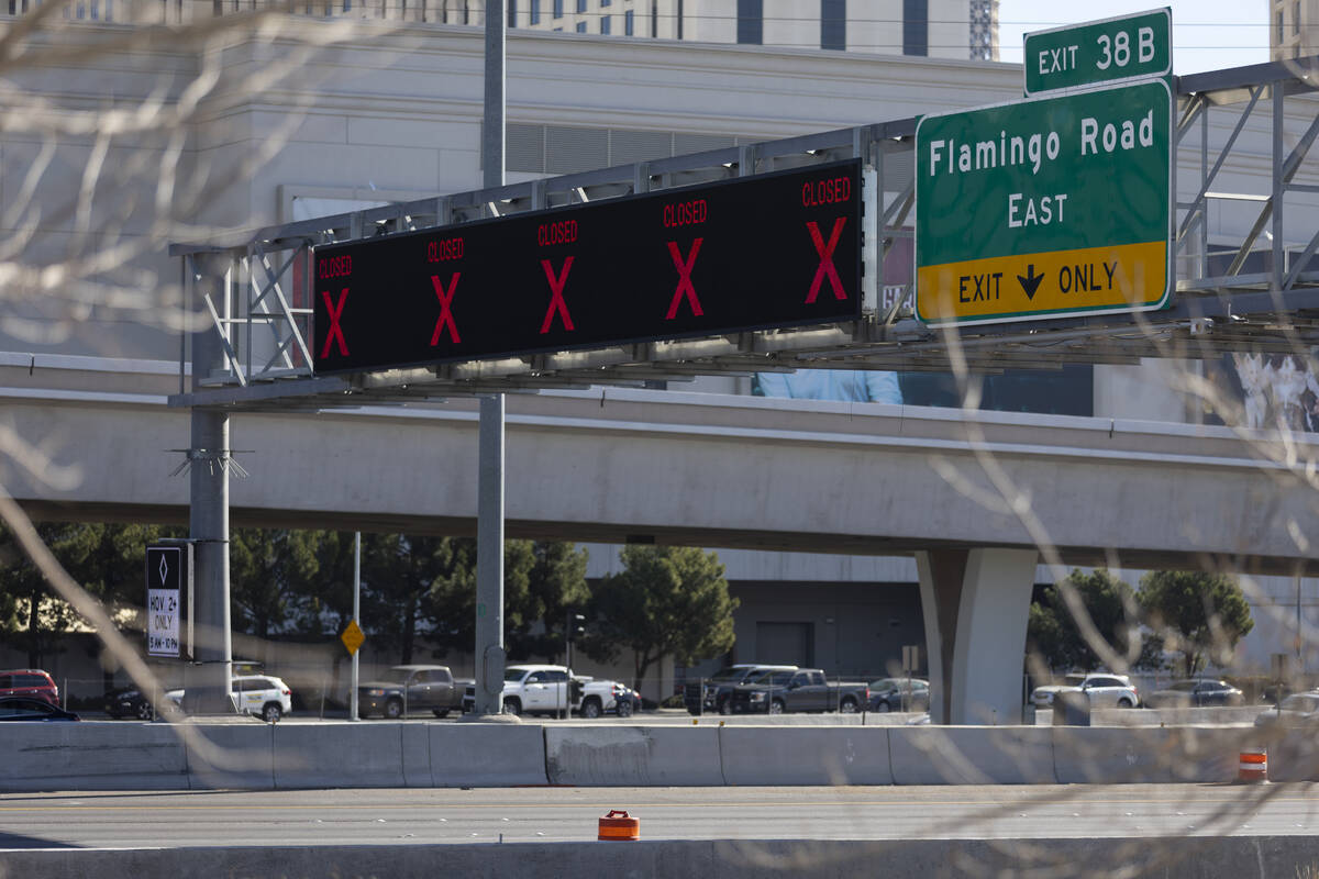 The completely closed I-15 freeway between Russell and Flamingo roads is seen from near the Fla ...