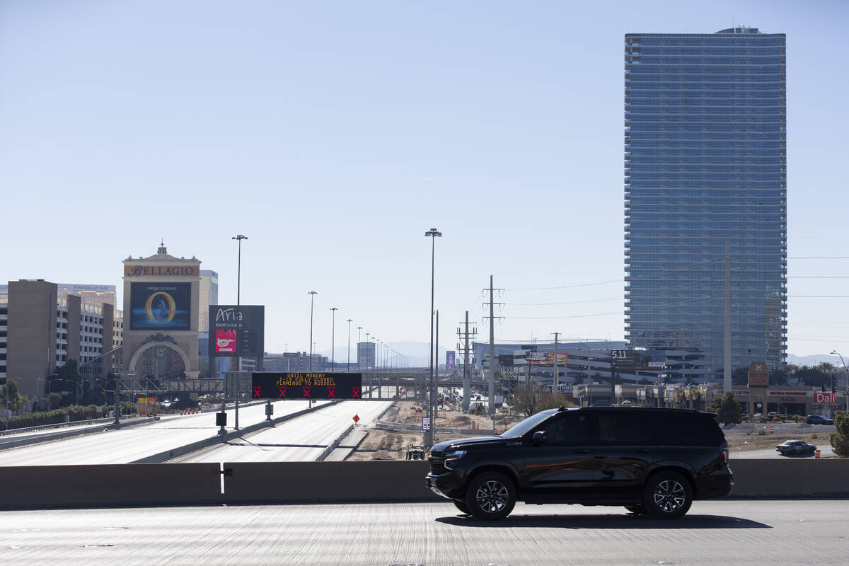 The completely closed I-15 freeway between Russell and Flamingo roads is seen from near the Fla ...