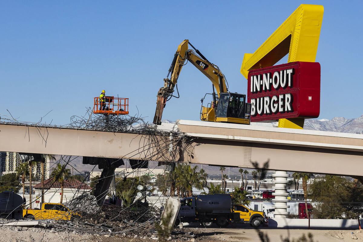 The Tropicana Avenue exit is closed as workers demolish the bridge, on Wednesday, Jan. 18, 2023 ...