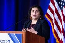 CCSD Board of School Trustees President Evelyn Garcia Morales speaks during the 2023 State of t ...