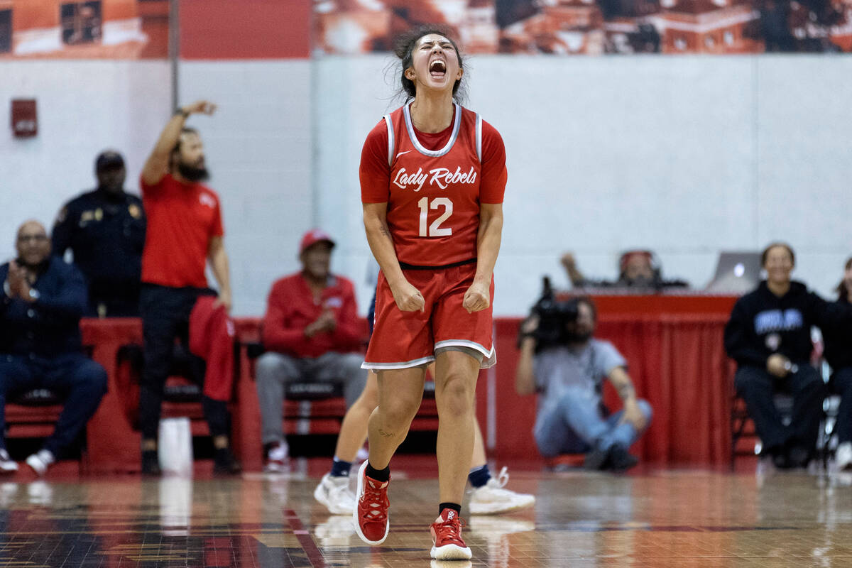 UNLV Lady Rebels guard Alyssa Durazo-Frescas (12) celebrates after shooting a three-pointer dur ...