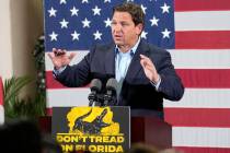 Republican Florida Governor Ron DeSantis speaks during a campaign rally on Monday, Nov. 7, 2022 ...