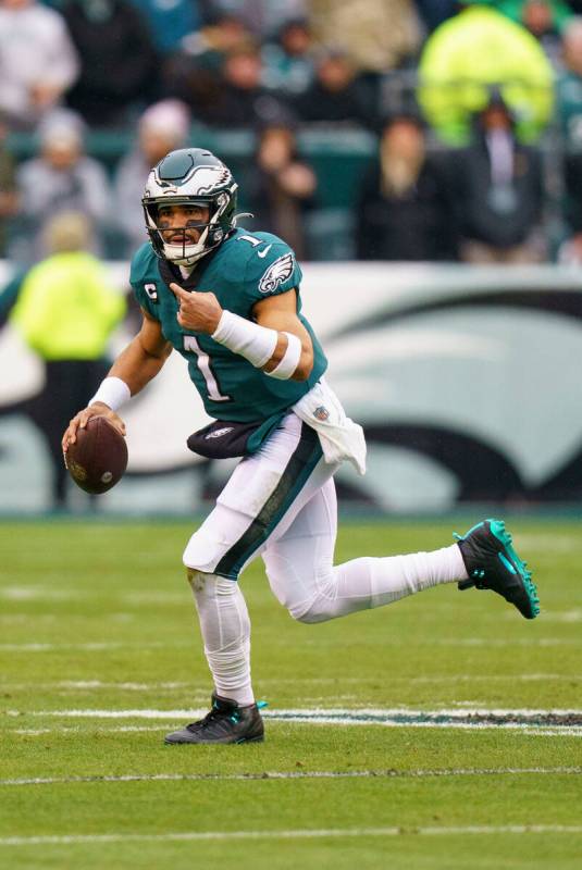 Philadelphia Eagles quarterback Jalen Hurts (1) in action during the NFC Championship NFL footb ...