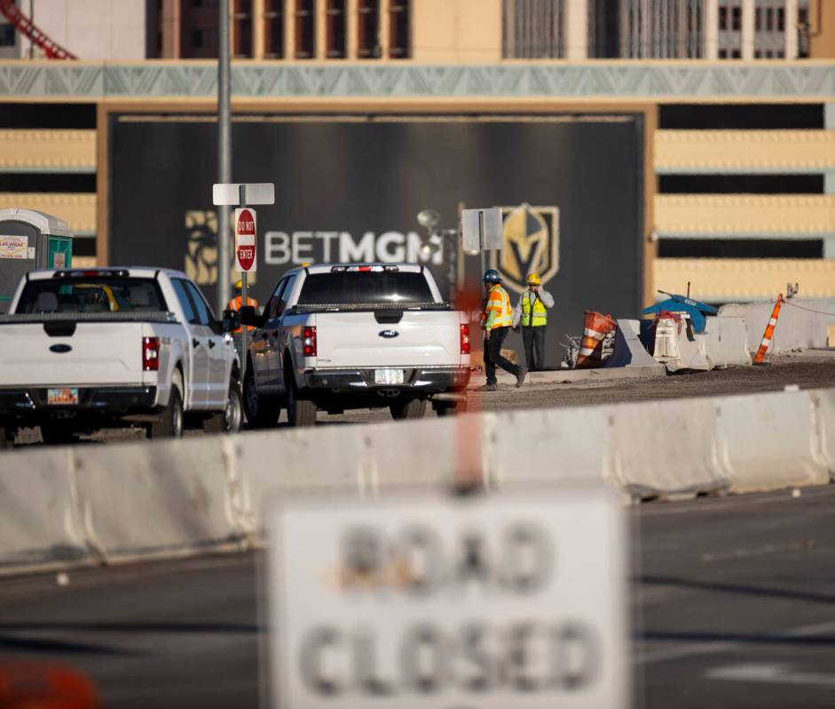 The Tropicana Avenue exit is closed as workers demolish the bridge, in Las Vegas, on Saturday, ...