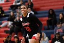 Liberty’s Adrienne Puletasi (23) smiles after scoring a three-pointer against Clark duri ...