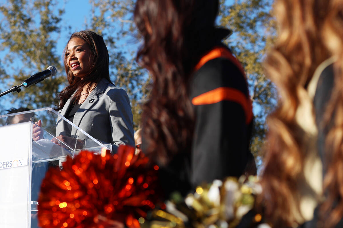 Sandra Douglass Morgan, president for the Raiders, speaks during a NFL Pro Bowl week kickoff pr ...