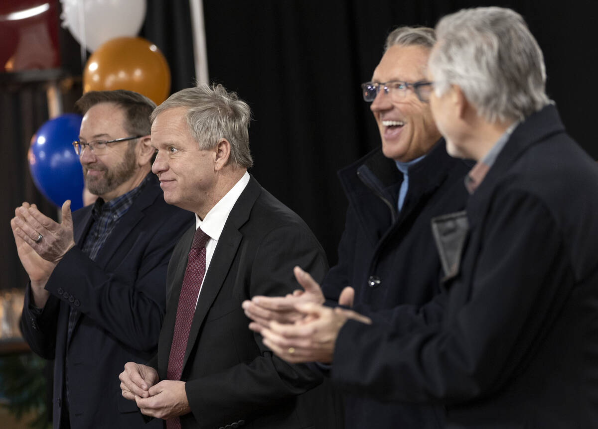 Developer Joe DeSimone accepts applause during a groundbreaking for the Atwell Suites hotel at ...