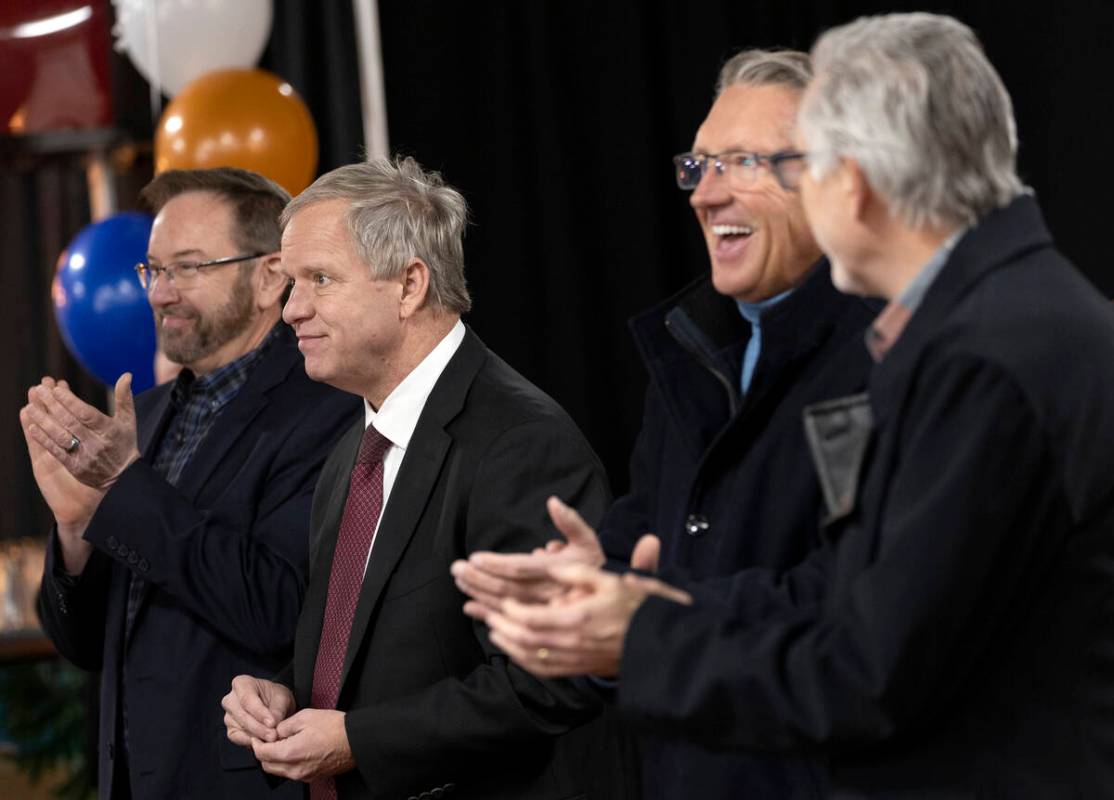 Developer Joe DeSimone accepts applause during a groundbreaking for the Atwell Suites hotel at ...