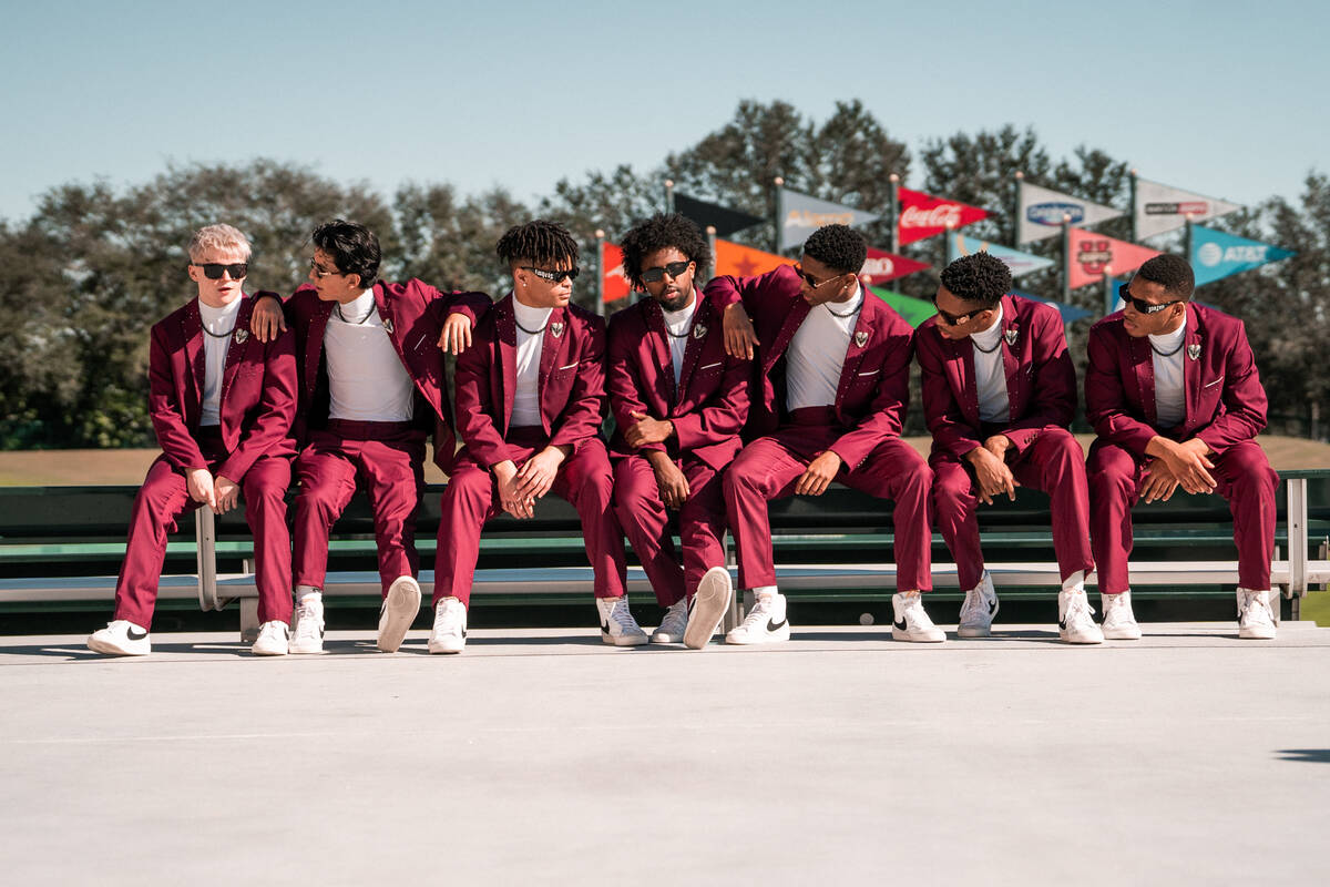 The male dancers of UNLV's Rebel Girls & Company at the 2023 Universal Dance Association colleg ...