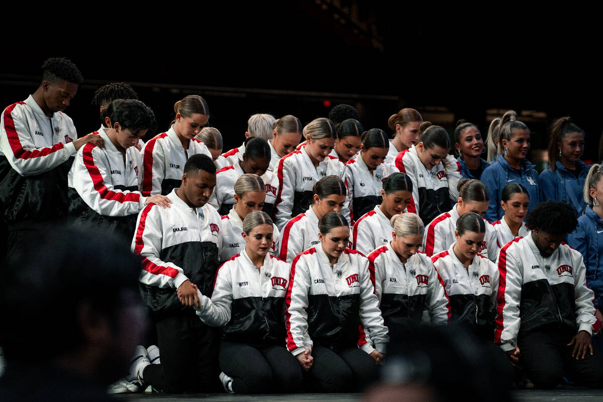 The dancers of UNLV's Rebel Girls & Company await results at the 2023 Universal Dance Associati ...