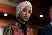 FILE - Rep. Ilhan Omar, D-Minn., speaks during a news conference on Capitol Hill in Washington, ...