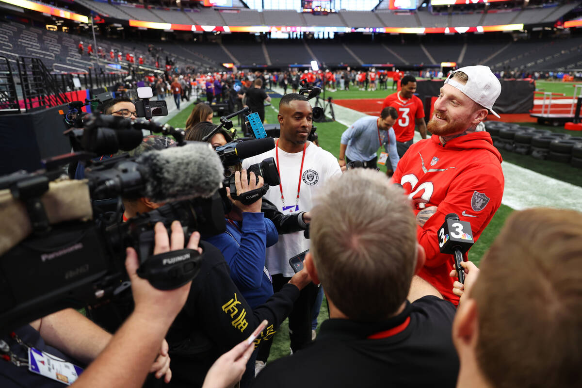 Las Vegas Raiders defensive end Maxx Crosby (98) is interviewed during a Pro Bowl rehearsal ev ...