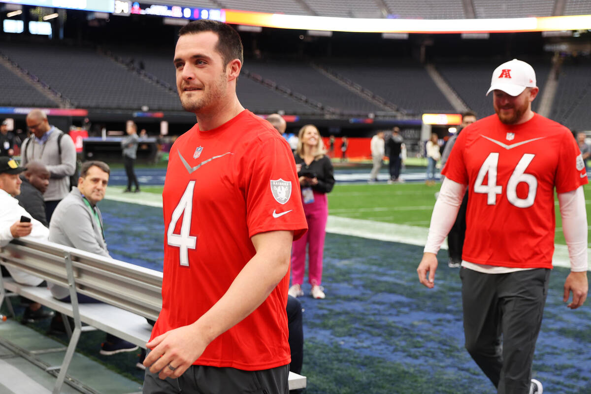 Las Vegas Raiders quarterback Derek Carr (4) attend a Pro Bowl rehearsal event at Allegiant Sta ...