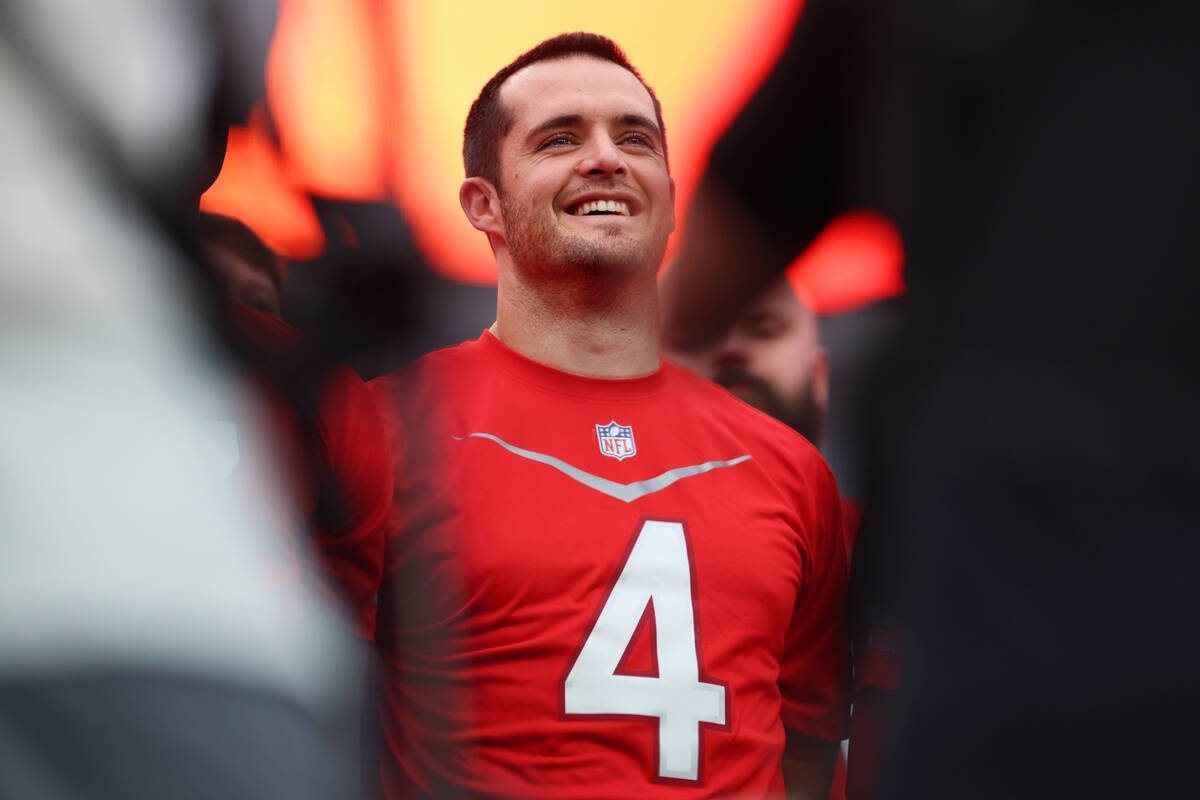 Raiders quarterback Derek Carr participates during a Pro Bowl rehearsal event at Allegiant Stad ...