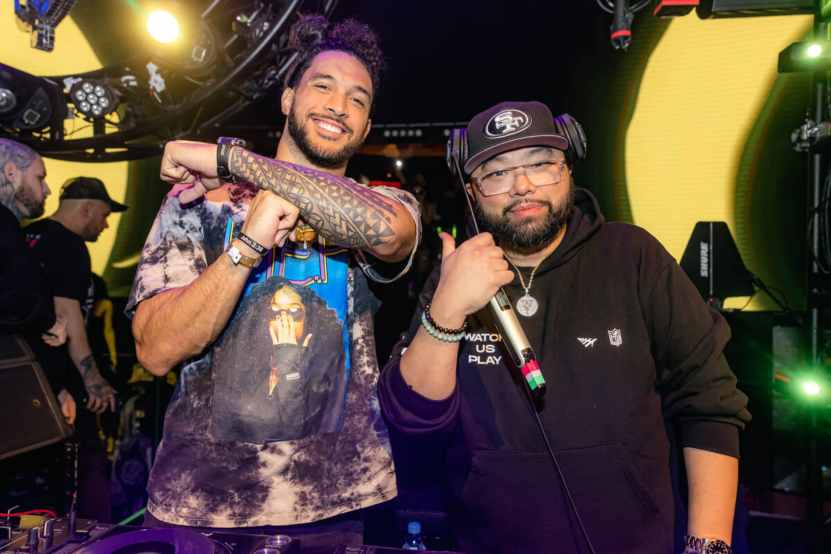 49ers' Talanoa Hufanga (left) and DJ Franzen (right) are shown at Drai's Nightclub on Friday, F ...