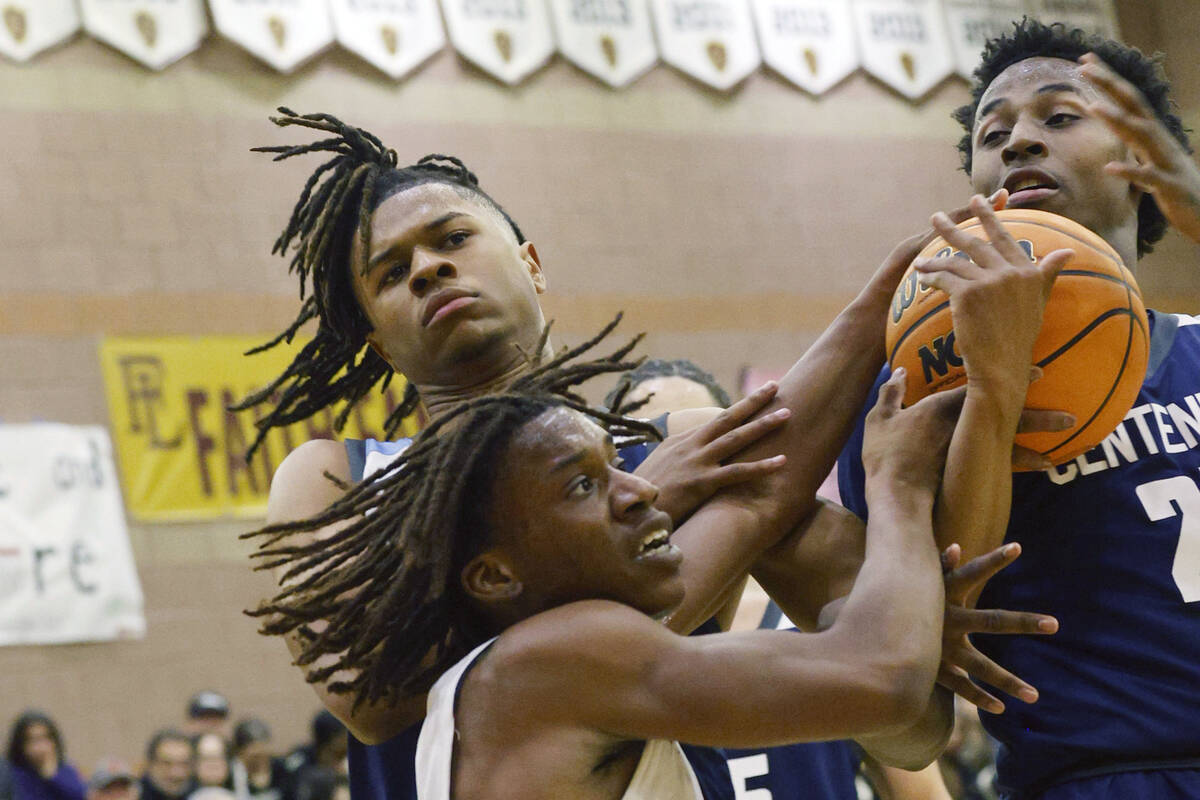 Centennial's RJ Nance, left, Faith Lutheran's Johnpaul Agu, center, and Centennial's Malcolm Wi ...