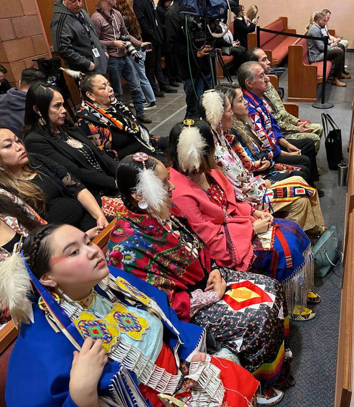 Family and supporters of Nathan Chasing Horse wait for a hearing in North Las Vegas Justice Cou ...