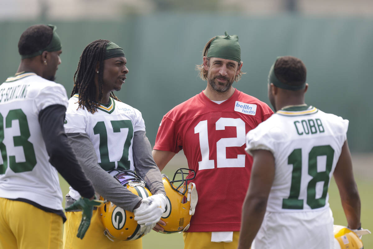 Green Bay Packers' quarterback Aaron Rodgers (12), wide receiver Davante Adams (17), wide recei ...