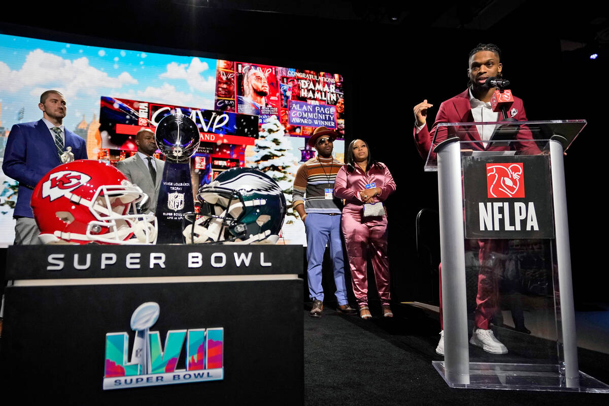 Buffalo Bills' Damar Hamlin speaks after being introduced as the winner of the Alan Page Commun ...