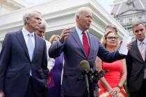 FILE - President Joe Biden, with a bipartisan group of senators, speaks Thursday June 24, 2021, ...