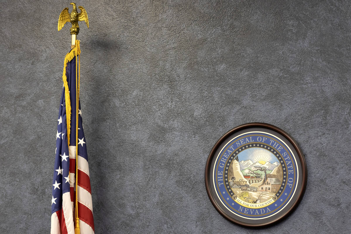 The Great Seal of the State of Nevada is seen during a meeting of the Assembly Committee on Gov ...