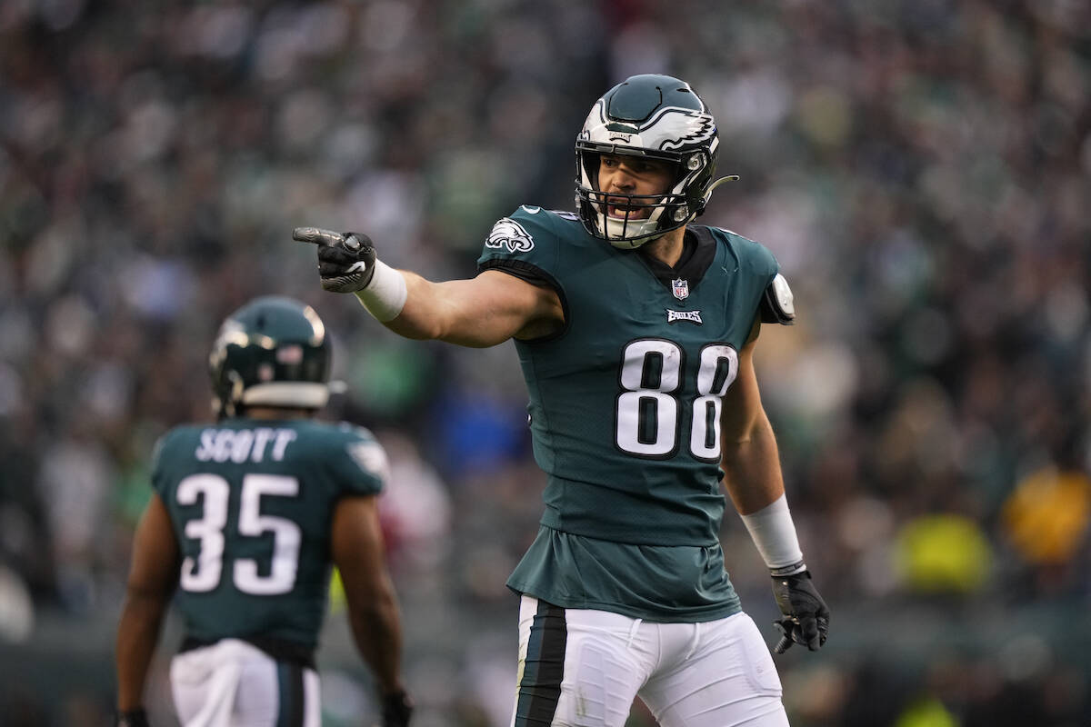 Philadelphia Eagles' Dallas Goedert react during the NFC Championship NFL football game between ...