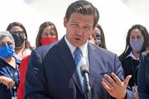 FILE - Florida Gov. Ron DeSantis speaks during a news conference, Thursday, April 8, 2021, at P ...