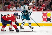 San Jose Sharks right wing Timo Meier (28) passes past Florida Panthers defenseman Gustav Forsl ...