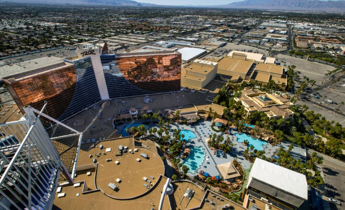 View of the Rio pool area at the Rio from the deck of the VooDoo Rooftop Nightclub & Lounge in ...