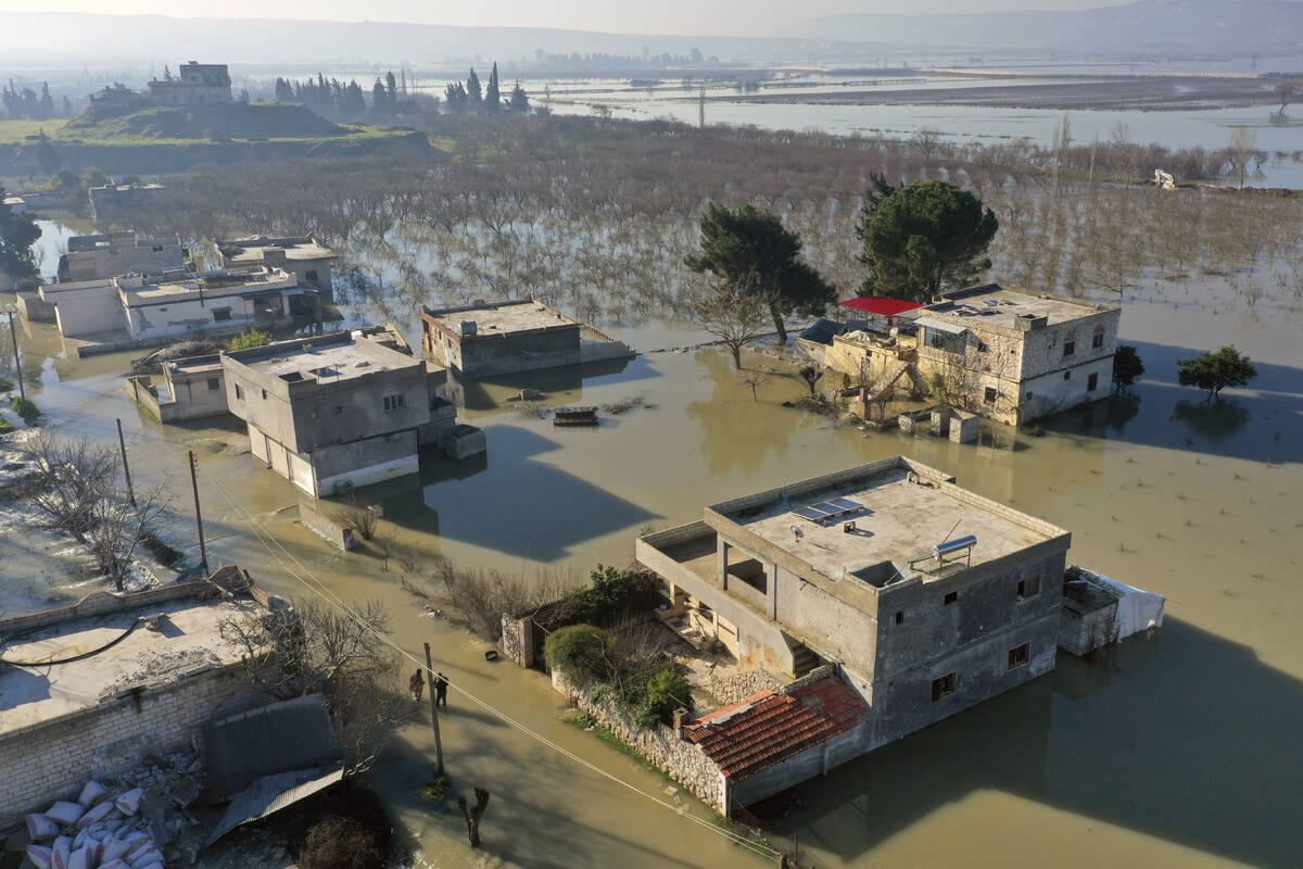 An aerial view of the al-Tlul village flooded after a devastating earthquake destroyed a river ...