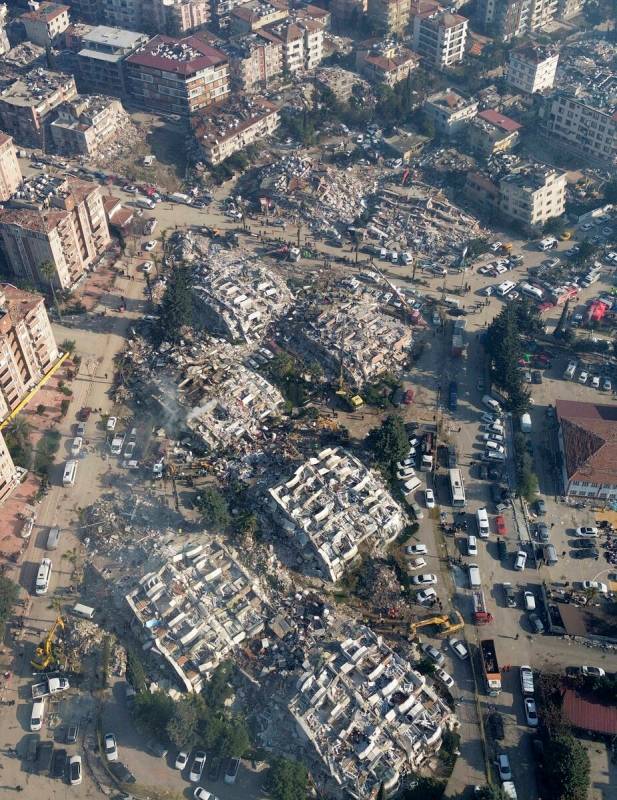 Aerial photo showing the destruction in Hatay city center, southern Turkey, Thursday, Feb. 9, 2 ...