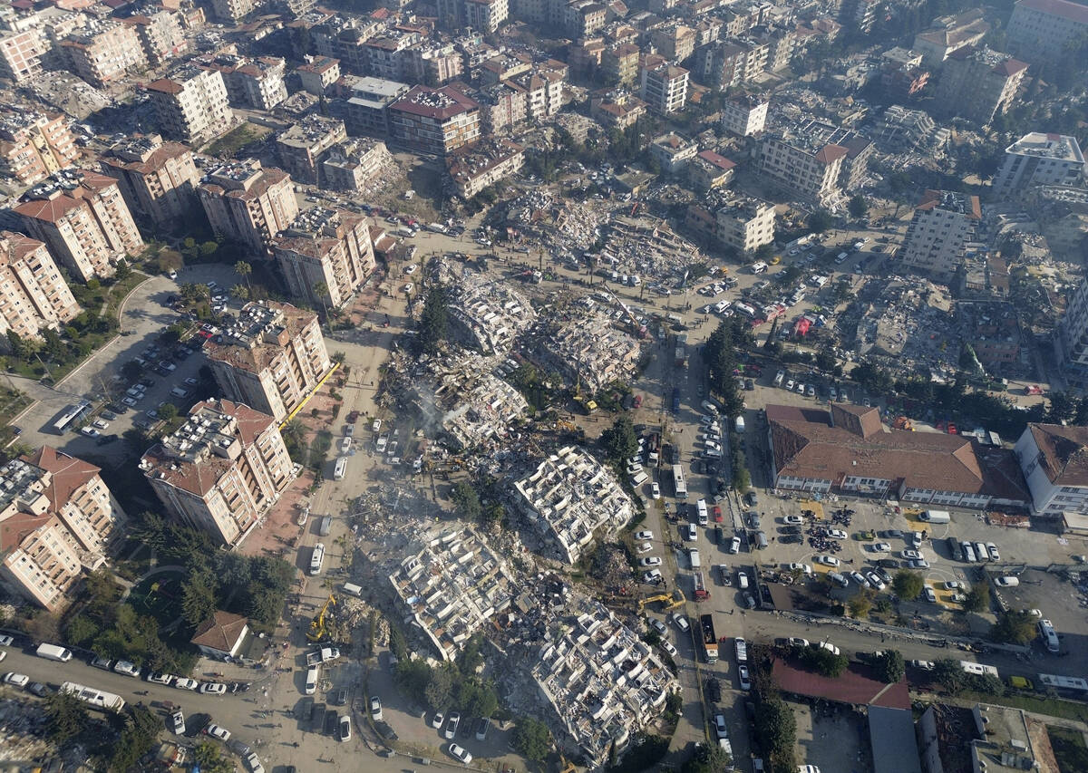 Aerial photo showing the destruction in Hatay city center, southern Turkey, Thursday, Feb. 9, 2 ...