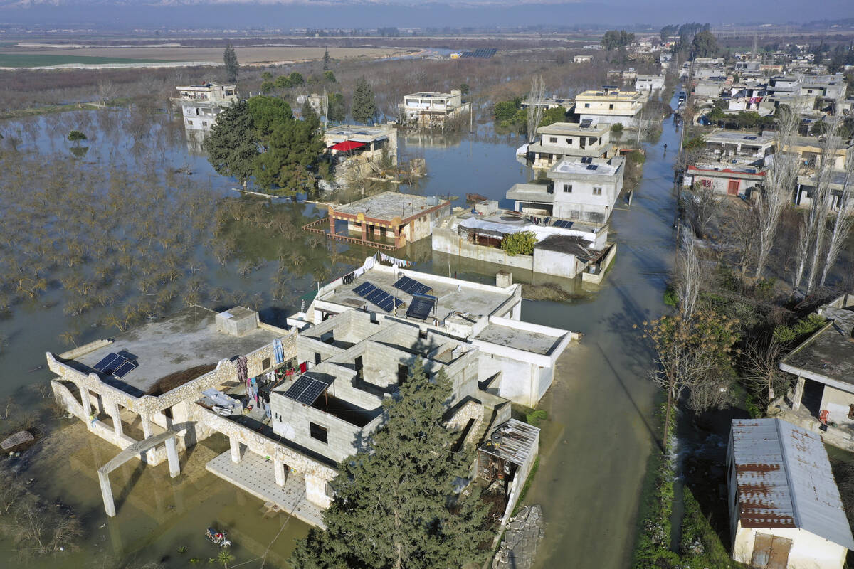 An aerial view of the al-Tlul village flooded after a devastating earthquake destroyed a river ...