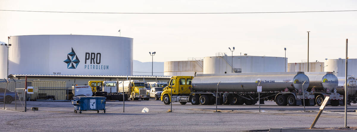 Tankers parked outside of the Pro Petroleum on Friday, Feb. 10, 2023, in Las Vegas. The Kinder ...