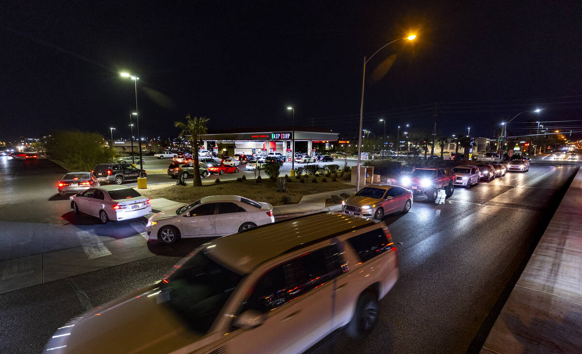 Murphy Express station backed up on off of West Craig Road on Friday, Feb. 10, 2023, in Las Veg ...