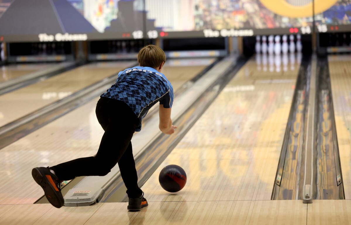 Centennial bowler Kaiser Smith rolls during the Class 5A Nevada state bowling team championship ...