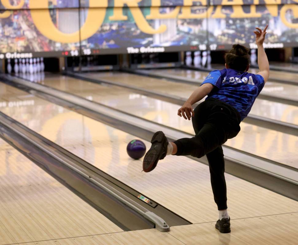 Centennial bowler Dartagnon Longa rolls during the Class 5A Nevada state bowling team champions ...