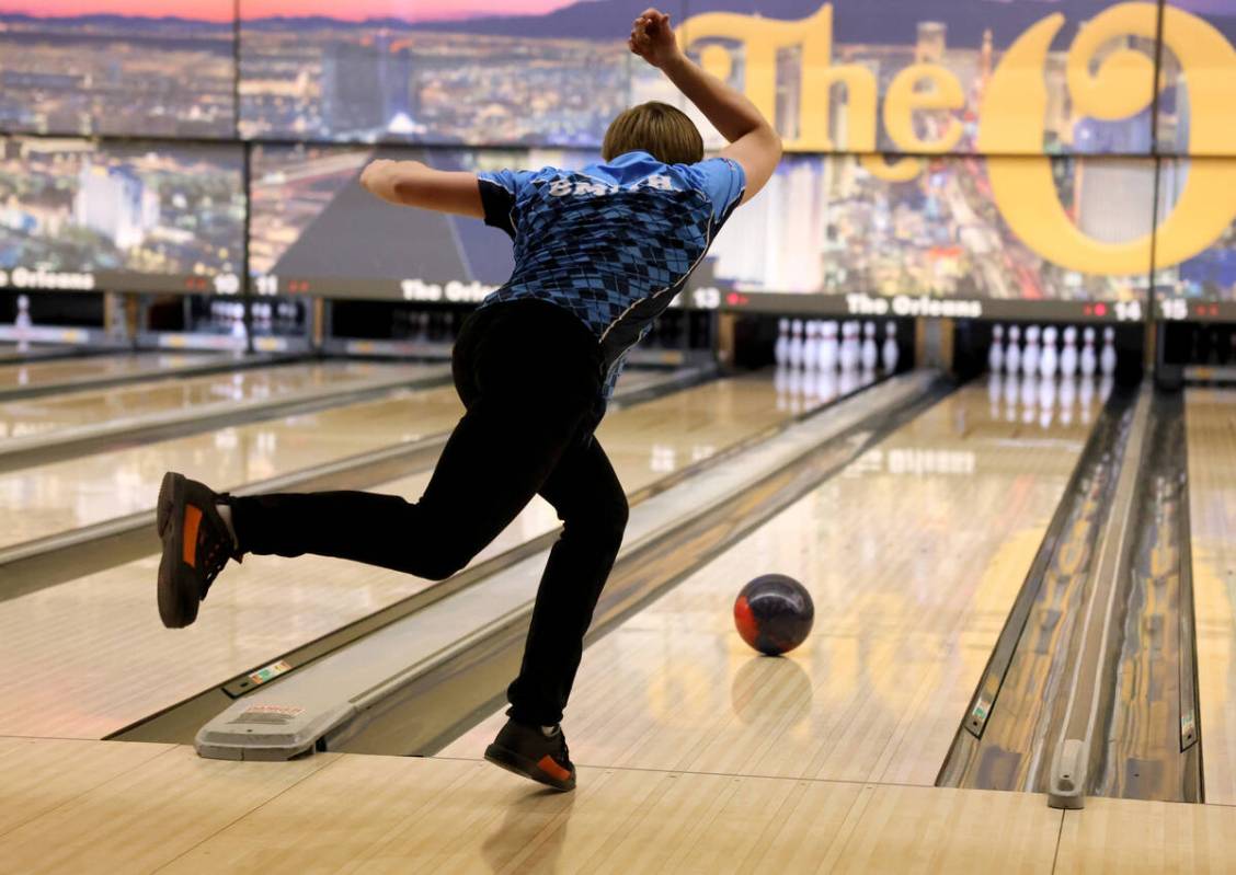 Centennial bowler Kaiser Smith rolls during the Class 5A Nevada state bowling team championship ...