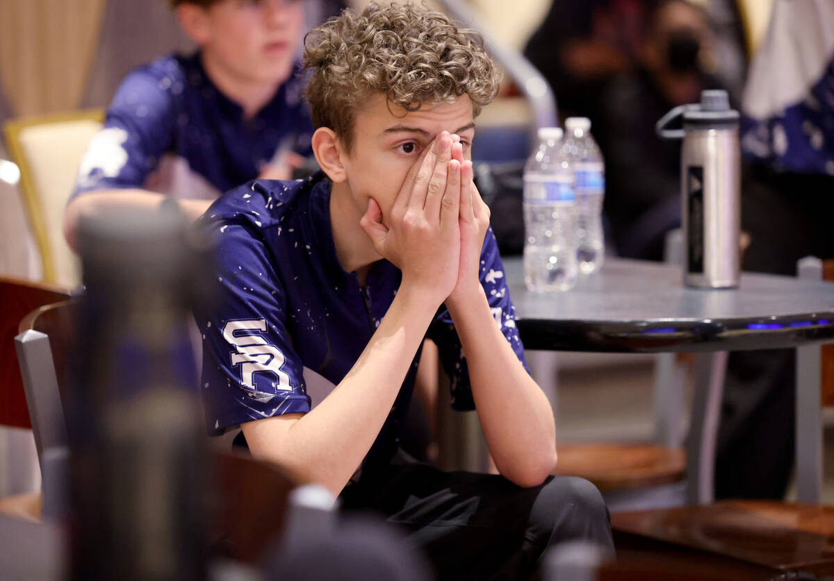 Shadow Ridge bowler Tristan Dalton reacts during the Class 5A Nevada state bowling team champio ...