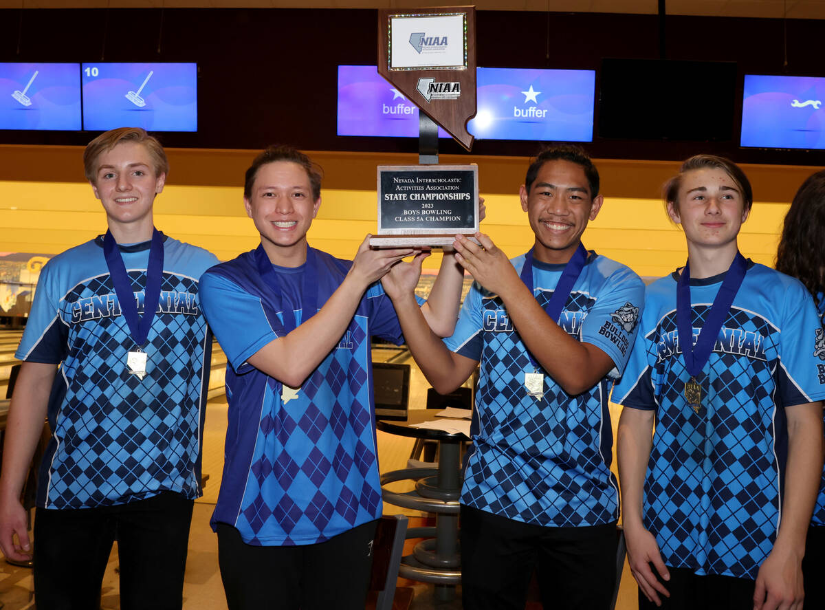 Centennial bowlers, from left, Kaiser Smith, Dartagnon Longa, Dale Flores and Jackson Gillespie ...