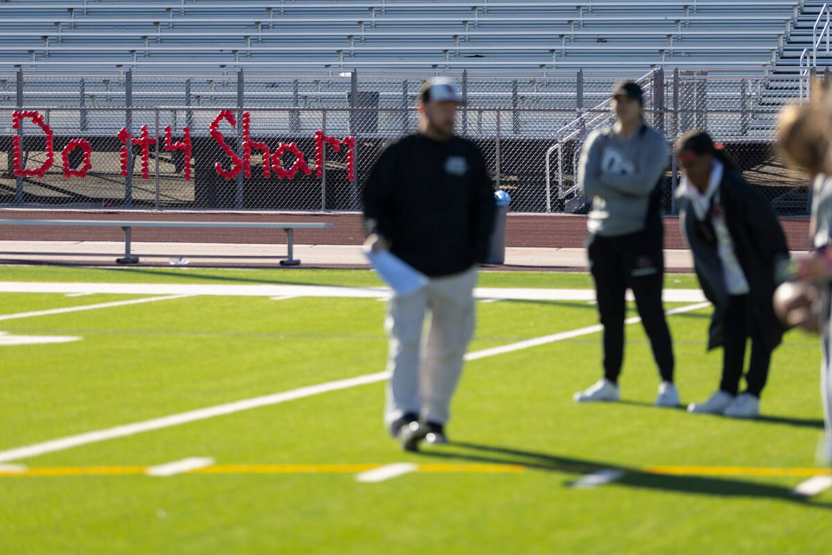 Player participate during a flag football practice at Desert Oasis High School in Las Vegas, Th ...