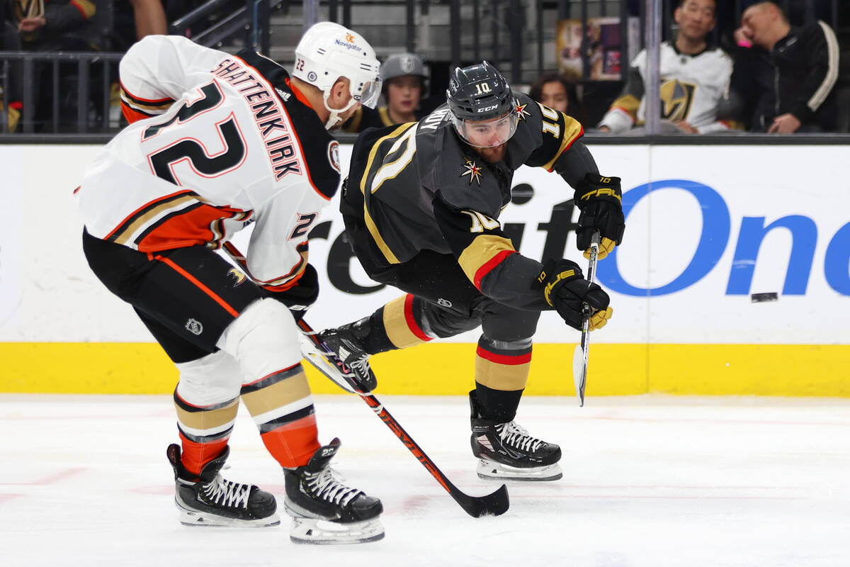 Vegas Golden Knights center Nicolas Roy (10) takes a shot at the goal under pressure from Anahe ...