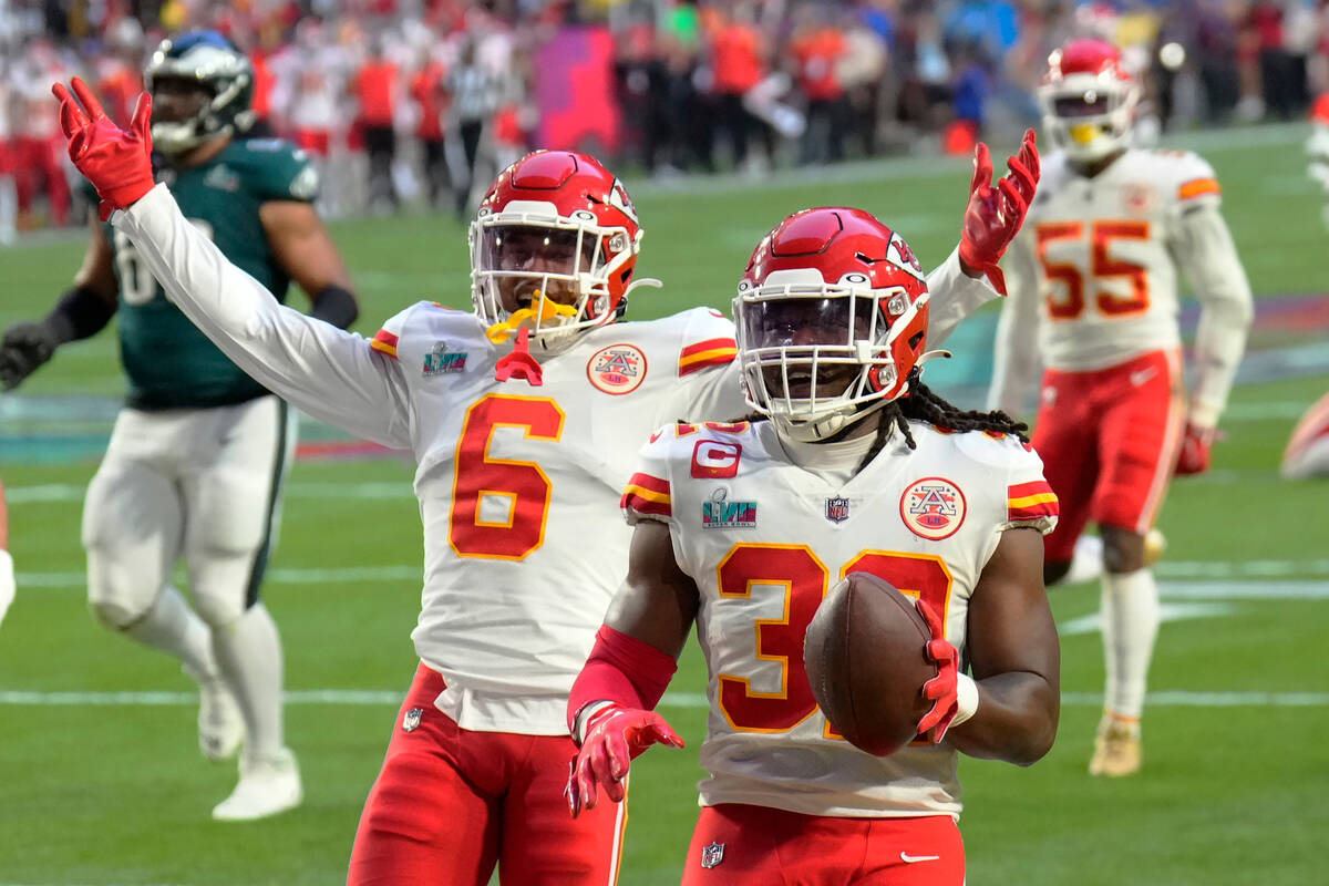 Kansas City Chiefs linebacker Nick Bolton (32) celebrates after scoring a touchdown after recov ...