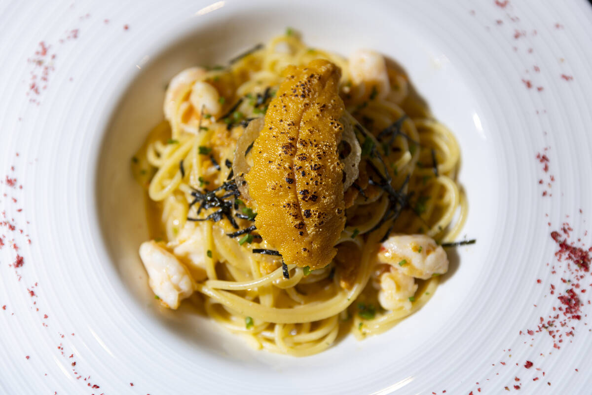 The uni pasta is seen served at Maxan Jazz in Las Vegas, Saturday, Feb. 11, 2023. (Erik Verduzc ...